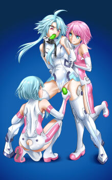 3girls ahoge albyee arms_behind_back bdsm blanc_(neptunia) blue_background blue_eyes blue_hair bondage bound breasts censored choujigen_game_neptune covered_pussy dildo dildo_gag elbow_gloves femdom full_body gag gagging gloves highres leotard mosaic_censoring multiple_girls neptune_(series) object_insertion pink_hair ram_(neptunia) red_eyes restrained rom_(neptunia) sex_toy short_hair_with_long_locks siblings sisters small_breasts standing thighhighs vaginal vaginal_object_insertion white_gloves white_heart_(neptunia) white_leotard white_sister_ram white_sister_rom white_thighhighs