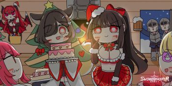 Rule 34 | 2boys, 5girls, animal ears, bat wings, beer mug, blonde hair, breasts, brown hair, cake, cake slice, chibi, chibi only, chimney, christmas, christmas tree, copyright logo, copyright name, cream, cup, demon girl, demon horns, eating, english text, fireplace, food, fox ears, fox girl, haru (sword master story), hat, highres, holding, holding plate, horns, indoors, large breasts, logo, mug, multiple boys, multiple girls, night, plate, red hair, santa hat, senlong45, snowing, sword master story, wings, yui (sword master story), yuria (sword master story)