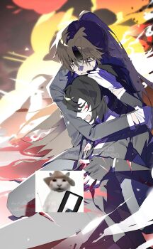 Rule 34 | 2boys, alternate skin color, angry, black coat, black eyes, black hair, black jacket, black necktie, brown hair, censored, censored violence, coat, commentary request, explosion, gala9960, gloves, heathcliff (project moon), high ponytail, highres, hong lu (project moon), jacket, lapels, limbus company, long hair, long sleeves, multiple boys, necktie, notched lapels, ponytail, project moon, shaded face, very long hair, white gloves