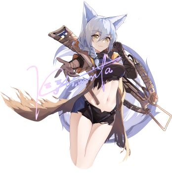 1girl animal_ears arknights black_shirt black_shorts blue_hair braid breasts brown_gloves brown_jacket closed_mouth commentary_request cropped_legs double-parted_bangs gloves hair_between_eyes highres hood hood_down hooded_jacket jacket kolimiya long_hair looking_at_viewer medium_breasts navel open_clothes open_jacket provence_(arknights) provence_(wasteland_walker)_(arknights) reaching reaching_towards_viewer shirt short_shorts shorts signature simple_background smile solo stomach tail torn_clothes torn_shirt weapon weapon_on_back white_background wolf_ears wolf_girl wolf_tail yellow_eyes