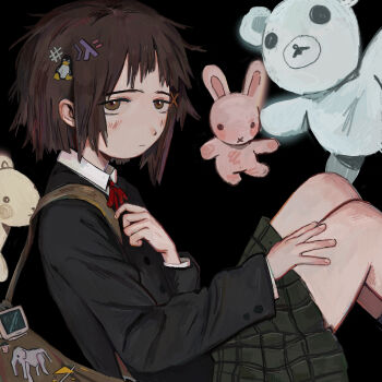 1girl absurdres black_background black_jacket brown_bag brown_eyes brown_hair buttons closed_mouth collared_shirt fffkorobka green_skirt hair_ornament hand_on_own_thigh hashtag_hair_ornament highres iwakura_lain jacket linux long_sleeves necktie plaid_clothes plaid_skirt pleated_skirt red_necktie sanpaku school_uniform serial_experiments_lain shirt short_hair simple_background skirt solo stuffed_animal stuffed_rabbit stuffed_toy tareme teddy_bear tux white_shirt x_hair_ornament