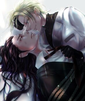 2boys artist_request bdsm bindi black_gloves black_hair black_suit blonde_hair blue_eyes bondage bound closed_mouth collar earrings eyebrows eyelashes face-to-face final_fantasy final_fantasy_vii final_fantasy_vii_remake fingerless_gloves formal_clothes gloves highres jewelry light_particles light_rays long_hair looking_at_another lying male_focus messy_hair multiple_boys necktie noses_touching parted_lips ponco_pacoooon profile red_eyes restrained rope rufus_shinra shiny_clothes shiny_skin short_hair simple_background smile square_enix suit sweat sweatdrop tseng turtleneck white_suit wing_collar yaoi