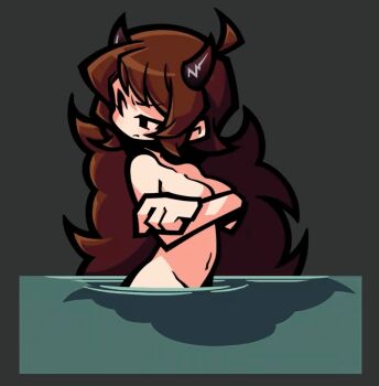 1girl animated animated_gif arms_covering_breasts arms_under_breasts bare_hips bare_shoulders blush bouncing bouncing_breasts bouncing_hair breasts breasts_out brown_hair completely_nude crossed_arms curvy friday_night_funkin&#039; frown girlfriend_(friday_night_funkin&#039;) hair_between_eyes horns lake light_censor long_hair looking_to_the_side medium_breasts navel nude partially_submerged ripples serious shadow side_bangs skinny_dipping small_horns topless_female very_long_hair water