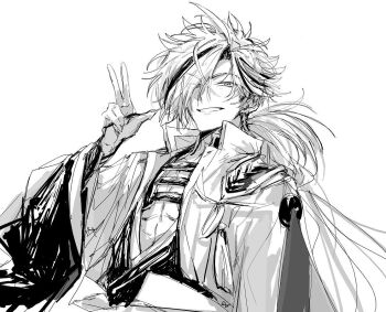 Rule 34 | 1boy, commentary request, fate/grand order, fate (series), greyscale, grin, hair over one eye, jacket, japanese clothes, kimono, long hair, long sleeves, looking at viewer, low ponytail, male focus, monochrome, multicolored hair, pectoral cleavage, pectorals, ponytail, simple background, sketch, smile, solo, streaked hair, takasugi shinsaku (fate), tassel, teeth, toned, toned male, two-tone hair, tyoookozuki, upper body, w, white background, wide sleeves