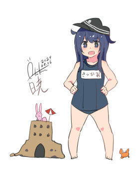 Rule 34 | 1girl, absurdres, akatsuki (kancolle), black hat, blue one-piece swimsuit, character name, crab, dated, flat cap, hat, highres, inica, kantai collection, long hair, old school swimsuit, one-hour drawing challenge, one-piece swimsuit, purple eyes, purple hair, rabbit, sand castle, sand sculpture, school swimsuit, signature, swimsuit, white background