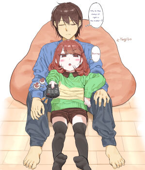 Rule 34 | absurdres, alternate language, androgynous, barefoot, black thighhighs, blue sweater, blush, brown hair, brown shorts, chara (undertale), commentary request, controller, english text, frisk (undertale), green sweater, heart soma, highres, holding, holding controller, holding remote control, remote control, shirt, short hair, shorts, sitting, sitting on lap, sitting on person, striped clothes, striped sweater, sweater, thighhighs, two-tone sweater, undertale, utdr (toby fox), variant set