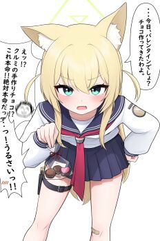 Rule 34 | 1boy, 1girl, absurdres, animal ear fluff, animal ears, aqua eyes, asuparuch, bag, bandaid, bandaid on knee, bandaid on leg, blonde hair, blue archive, blue sailor collar, blue skirt, blush, candy, chocolate, chocolate heart, commentary request, doodle sensei (blue archive), fang, food, fox ears, fox girl, hand on own hip, heart, heart-shaped food, highres, holding, holding bag, holster, kurumi (blue archive), neckerchief, open mouth, plastic bag, pleated skirt, red neckerchief, sailor collar, sensei (blue archive), shirt, skin fang, skirt, thigh holster, translation request, valentine, white shirt