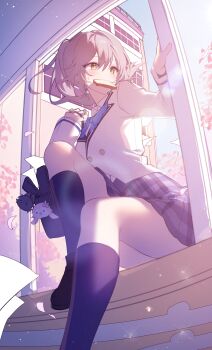 1girl absurdres alternate_hairstyle bag bag_charm black_bag black_shoes black_socks blazer blue_bow blue_bowtie blue_sky bow bowtie bread bread_slice buttons character_charm charm_(object) collared_shirt commentary contrast_collar daji dan_heng_(honkai:_star_rail) dan_heng_(woof_woof_dan)_(honkai:_star_rail) day double-breasted falling_petals food food_in_mouth foot_out_of_frame graphia_academy_school_uniform grey_hair grey_skirt hair_between_eyes hands_up highres holding holding_bag honkai:_star_rail honkai_(series) indoors jacket kneehighs knees_up long_hair long_sleeves looking_to_the_side march_7th_(honkai:_star_rail) march_7th_(march_bunny)_(honkai:_star_rail) mouth_hold official_alternate_costume on_windowsill open_bag open_window paper petals plaid_clothes plaid_skirt ponytail school school_uniform shirt shoes sitting skirt sky socks solo stelle_(honkai:_star_rail) sunlight through_window toast toast_in_mouth trailblazer_(honkai:_star_rail) white_jacket white_shirt window yellow_eyes