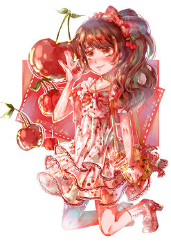 1girl absurdres ankle_socks bag bead_necklace beads bow bowtie bracelet brown_eyes brown_hair cherry cherry_hair_ornament cherry_print cherry_youth_(miracle_nikki) chinese_commentary closed_mouth commentary_request cross-laced_clothes cross-laced_legwear dated dot_nose dotted_line dress eyelashes food food-themed_clothes food-themed_hair_ornament food_print footwear_bow frilled_jacket frills fruit fruit_print full_body hair_bow hair_ornament hair_over_shoulder happy high_heels high_side_ponytail highres holding holding_food holding_fruit jacket jewelry kneeling knees lace lace-trimmed_dress lace_trim light_blush long_hair looking_ahead miracle_nikki muriel_miaoke necklace nikki_(series) open_clothes open_jacket pendant pleated_dress print_dress puffy_short_sleeves puffy_sleeves pumps red_bow red_bowtie red_jacket red_shoes shoes short_dress short_sleeves shoulder_bag signature smile socks solo tareme waving wavy_hair white_background white_dress white_socks yellow_bag