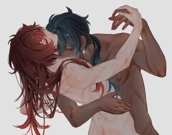 Rule 34 | 2boys, arm up, blue gemstone, blue hair, butt crack, closed eyes, commentary, completely nude, cowboy shot, dark-skinned male, dark skin, diluc (genshin impact), earrings, eyelashes, fingernails, gem, genshin impact, grey background, hashtag-only commentary, head back, highres, holding hands, jewelry, kaeya (genshin impact), kiss, kissing chest, long hair, male focus, multiple boys, multiple scars, nipples, nude, parted bangs, parted lips, pectorals, ponytail, red hair, scar, scar on arm, scar on back, simple background, single earring, yaoi, zehuij