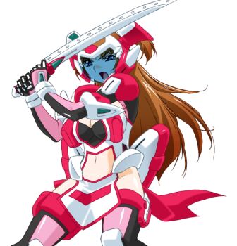 1girl armor blue_eyes breasts brown_hair cleavage clothing_cutout face_shield game_cg gan-chan_(artist) gloves headgear helmet hitozuma_sentai_aisaiger holding holding_sword holding_weapon large_breasts long_hair magical_girl mecha_musume midriff morisaki_miku navel non-web_source official_art open_mouth pelvic_curtain pink_thighhighs saiger_rose solo sword thighhighs transparent_background two_side_up variant_set weapon