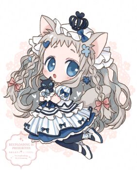 Rule 34 | 1girl, animal, animal ears, black pantyhose, blue dress, blue eyes, braid, cat, cat day, cat ears, cat girl, chibi, chibi only, chiko (star pocco), crown, dress, full body, gloves, hat, highres, holding, holding animal, holding cat, long hair, looking at viewer, mini crown, mob cap, original, pantyhose, puffy short sleeves, puffy sleeves, shoes, short sleeves, side braid, solo, striped clothes, striped dress, wavy hair, white gloves, white hat, white shoes