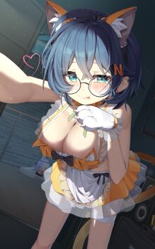 2girls absurdres animal_ears animal_hands bare_shoulders belle_(zenless_zone_zero) bent_over black_ribbon blue_hair blush breasts cat_ears cat_tail commentary detached_collar fake_animal_ears glasses gloves green_eyes hanging_breasts highres large_breasts looking_at_viewer maeru maid medium_hair multiple_girls paw_gloves ribbon round_eyewear shirt skirt smile solo_focus symbol-only_commentary tail tongue tongue_out vivian_banshee yellow_shirt yellow_skirt zenless_zone_zero