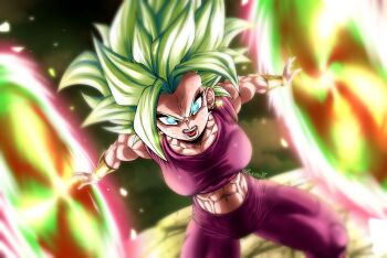 1girl absurdres blue_eyes bracer breasts dragon_ball dragon_ball_super earrings female_focus fusion goketerhc green_hair highres jewelry kefla_(dragon_ball) large_breasts legendary_super_saiyan looking_at_viewer medium_hair midriff muscular muscular_female potara_earrings solo spiked_hair super_saiyan sweat thick_thighs thighs veins
