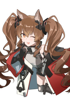 Rule 34 | 1girl, ;d, absurdres, angelina (arknights), animal ear fluff, animal ears, arknights, arknights: endfield, bare shoulders, black gloves, black thighhighs, brown hair, chinese commentary, commentary, cropped legs, finger to cheek, gilberta (arknights), gloves, hair between eyes, highres, jacket, light smile, long hair, looking at viewer, one eye closed, open mouth, orange eyes, red jacket, simple background, smile, solo, thighhighs, tianqiyubao euc, twintails, white background