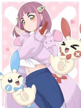 1girl :t absurdres blue_pants buttons cardigan closed_mouth clothes_lift commentary_request eyelashes gen_3_pokemon gloves hair_ornament hairclip hands_up heart highres itokon lacey_(pokemon) long_hair long_sleeves minun nintendo pants partially_fingerless_gloves plusle pokemon pokemon_(creature) pokemon_sv pout purple_cardigan purple_hair red_gloves shirt shirt_lift single_glove white_shirt x_arms yellow_eyes