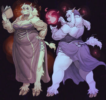 1girl adapted_costume alternate_hairstyle animal_ears ass ass_cutout backless_outfit bandana bare_shoulders black_background book breasts brooch claws cleavage clothing_cutout commentary curly_hair detached_sleeves dress english_commentary fang fat fat_woman fire from_behind furry furry_female goat_ears goat_girl goat_horns hair_bun hand_on_own_hip highres holding holding_book hooves horns jewelry large_breasts long_dress long_sleeves looking_at_viewer looking_back mature_female medium_hair multiple_views purple_bandana purple_dress pyrokinesis red_eyes side_slit simple_background single_hair_bun skin_fang smile standing tail tail_through_clothes toriel undertale utdr_(toby_fox) white_fur white_hair wolfertinger666