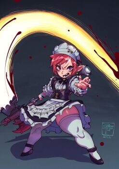 Rule 34 | 1girl, apron, axe, black dress, black shoes, blood, blood splatter, dress, final fantasy, final fantasy xiv, flat chest, full body, gattles, hat, highres, holding, holding axe, lalafell, looking at viewer, maid, maid headdress, open mouth, pink eyes, red hair, shadow, shoes, short hair, smear frame, solo, teeth, thighhighs, waist apron, warrior of light (ff14), white apron, white hat, white thighhighs