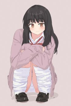 1girl :3 absurdres alternate_costume ass black_hair black_shoes blunt_bangs blush cardigan commentary contemporary crossed_arms doubutsu_koujou highres houraisan_kaguya hugging_own_legs loafers long_hair long_sleeves looking_at_viewer loose_socks panties pantyshot pink_cardigan school_uniform shirt shoes simple_background smile socks solo squatting straight_hair touhou underwear white_panties white_shirt white_socks