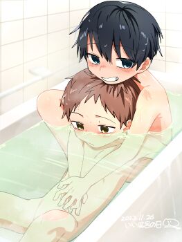 2023 2boys absurdres artist_request bathroom bathtub black_hair blue_eyes blush brown_eyes brown_hair closed_mouth completely_nude dated highres indoors kodomo_doushi looking_at_viewer male_focus multiple_boys nude original partially_submerged same-sex_bathing shared_bathing shota smile tile_wall tiles water yaoi