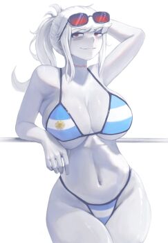 1girl argentinian_flag argentinian_flag_bikini argentinian_flag_print bare_shoulders bikini blanco2k1 blush borrowed_character breasts choker cleavage closed_mouth collarbone colored_skin curvy eyewear_on_head flag_print flag_print_bikini hair_ornament halterneck high_ponytail highres huge_breasts jewelry la_albina_(tidal) large_breasts long_hair looking_at_viewer navel original parted_lips ponytail print_bikini red_eyes sidelocks simple_background skindentation smile solo standing stomach striped_bikini striped_clothes sunglasses swimsuit thighs vertical-striped_clothes white_background white_hair