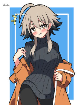1girl absurdres arknights artist_name black_hair black_pants black_sweater blue_background blush border breasts bright_pupils brown_eyes colored_inner_hair commentary_request cowboy_shot cowlick dot_nose grin hendra highres inset_border jacket light_brown_hair looking_at_viewer mayer_(arknights) medium_breasts multicolored_hair orange_jacket pants removing_jacket ribbed_sweater short_hair sidelocks simple_background smile solo sweater white_background white_pupils