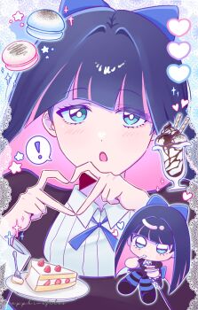 ! 1girl blue_hair blunt_bangs cake chibi eating food green_eyes heart heart_hands highres ice_cream long_hair looking_at_viewer multicolored_hair panty_&amp;_stocking_with_garterbelt pink_hair plate sapphirefiles solo stocking_(psg) striped_hair sundae two-tone_hair