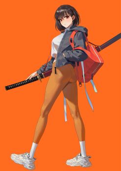 1girl ass black_hair black_jacket breasts from_behind hand_in_pocket highres holding holding_sword holding_weapon hongcasso jacket katana large_breasts looking_at_viewer looking_back midriff oran_(hongcasso) orange_background orange_pants original pants red_eyes shirt shoes short_hair simple_background socks solo sword unsheathed weapon white_shirt white_shoes white_socks yoga_pants