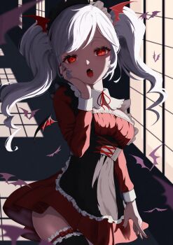 Rule 34 | 1girl, amanegi toro, breasts, commentary request, dress, fang, grey hair, highres, long sleeves, looking at viewer, maid, medium hair, open mouth, original, pointy ears, red eyes, solo, standing, twintails, vampire, white hair