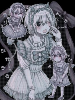 Rule 34 | 1boy, @ @, black background, black eyes, bow, closed mouth, commentary, crossdressing, crossdressing (mtf), demon tail, dress, fake horns, fake tail, fang, frilled dress, frills, grey bow, grey dress, grey hair, hair between eyes, hairband, hand up, heart, horn hairband, horns, looking at viewer, male focus, multiple views, nmnr ut, open mouth, original, short hair, short sleeves, skin fang, smile, symbol-only commentary, tail, tearing up