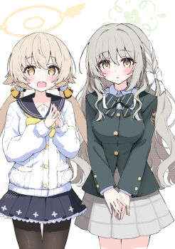 Rule 34 | 2girls, :o, black pantyhose, black skirt, blazer, blonde hair, blue archive, blush, bow, bowtie, braid, breasts, cardigan, diagonal-striped bow, diagonal-striped bowtie, diagonal-striped clothes, green halo, green jacket, grey skirt, hair between eyes, hair ornament, hair ribbon, halo, hifumi (blue archive), highres, jacket, long hair, long sleeves, looking at viewer, low twintails, miyo (blue archive), multiple girls, open mouth, pantyhose, petticoat, ribbon, ribbon braid, sailor collar, sateto (user knrf2332), school uniform, shirt, simple background, skirt, smile, steepled fingers, striped bow, striped bowtie, striped clothes, twintails, white cardigan, white shirt, wing hair ornament, winged halo, yellow eyes, yellow halo
