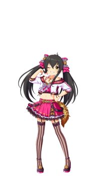 1girl animal_print belt black_hair bow full_body garter_straps grin hair_bow hand_on_own_hip idol_clothes idolmaster idolmaster_cinderella_girls idolmaster_cinderella_girls_starlight_stage jacket jewelry leopard_print matoba_risa navel necklace official_art one_eye_closed skirt smile solo thighhighs transparent_background twintails yellow_eyes