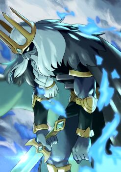 Rule 34 | 1boy, afk (series), afk arena, beard, blue fire, braid, braided beard, cape, case-k, colored skin, crown, facial hair, fire, glowing, glowing eyes, grey skin, highres, holding, holding sword, holding weapon, male focus, mature male, shaded face, solo, sword, thoran (afk arena), upper body, weapon, white hair