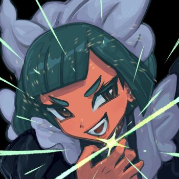 1girl apron brown_eyes edari_ebi glowing glowing_gem green_hair hand_up highres juliet_sleeves lebanne_(pokemon) long_sleeves looking_at_viewer maid maid_apron maid_headdress nintendo open_mouth pokemon pokemon_legends:_z-a portrait puffy_sleeves smile solo teeth v-shaped_eyebrows