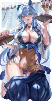 Rule 34 | 1girl, apron, barefoot, bikini, blue bikini, blue eyes, blue hakama, breasts, brown apron, commentary request, feet, food, goddess of victory: nikke, hairband, hakama, helm (nikke), highres, himonoata, holding, holding plate, ice cream, japanese clothes, kimono, large breasts, long hair, looking at viewer, plate, solo, sweat, swimsuit, toes, very long hair, white hairband, white kimono