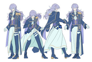 Rule 34 | 1boy, blue cape, blue hair, boots, cape, closed eyes, commentary, epaulettes, facing away, gold trim, highres, holding, holding microphone, hoshirube sho, long hair, long sleeves, male focus, microphone, moku (kedr2558), multicolored hair, multiple views, music, nijisanji, open mouth, outstretched arms, overskirt, pants, purple hair, purple vest, shirt, simple background, singing, single epaulette, skirt, smile, spread arms, streaked hair, thigh boots, vest, virtual youtuber, white background, white pants, white shirt, white skirt