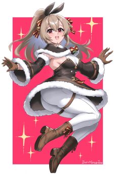 1girl alternate_costume ass blush boots breasts brown_hair burnt_green_tea capelet christmas christmas_clothing detached_sleeves dress from_behind gloves hair_ribbon highres long_hair looking_at_viewer medium_breasts open_mouth pantyhose ponytail red_eyes ribbon smile solo