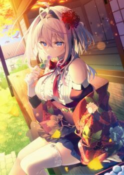 1girl bare_shoulders black_hairband blue_eyes center_frills closed_mouth detached_sleeves food frills garter_straps grey_hair hairband lilithea long_sleeves maid mata_korosarete_shimatta_nodesune_tantei-sama medium_hair official_art outdoors riichu single_garter_strap single_thighhigh sitting thighhighs white_garter_straps white_thighhighs