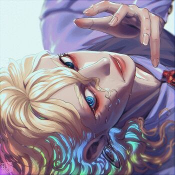 1boy @_@ absurdres blackberreh-art blonde_hair crow&#039;s_feet curly_hair design_speculation distortion_(tma) earrings eyelashes hair_between_eyes heterochromia highres jewelry lips long_hair looking_at_viewer male_focus michael_shelley shirt spiral teeth the_magnus_archives