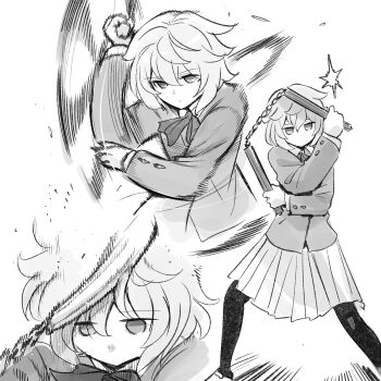 1girl afterimage bow bowtie closed_mouth collared_shirt expressionless expressionless_kouhai_(kato_takuji) failure greyscale highres holding holding_nunchaku holding_weapon jacket jitome kato_takuji long_sleeves looking_at_another monochrome motion_lines multiple_views no_mouth nunchaku original pantyhose school_uniform self-harm sequential shirt shoes short_hair skirt speed_lines weapon