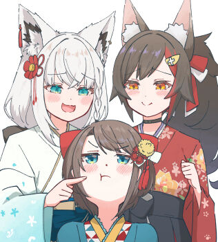 3girls :3 :d :t animal_ear_fluff animal_ears aqua_eyes black_choker black_hair black_hakama braid cheek_poking choker commentary_request dot_nose earrings floral_print flower fox_ears fox_girl hair_between_eyes hair_flower hair_ornament hakama highres hololive japanese_clothes jewelry kimono long_hair long_sleeves looking_at_another looking_down mia960 multicolored_hair multiple_girls ookami_mio oozora_subaru open_mouth poking ponytail red_hair shirakami_fubuki simple_background single_braid single_earring smile smug virtual_youtuber white_hair wide_sleeves wolf_ears wolf_girl yellow_eyes