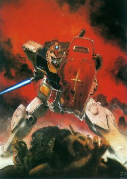 Rule 34 | artist name, energy sword, fighting, gundam, highres, lightsaber, mecha, red background, robot, rx-78-2 gundam, shield, shmupdb, smoke, standing, sword, weapon, zaku ii