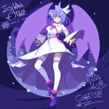 1girl artist_name blue_eyes blue_hair blue_shorts bow closed_mouth comet_summoner98 dot_mouth dress hair_bow hair_ribbon highres long_hair mai_(touhou) pantyhose pixel_art ribbon short_hair shorts snow snowing solo touhou touhou_(pc-98) white_dress white_pantyhose white_ribbon white_wings wings