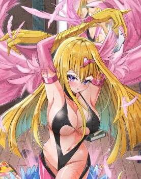 Rule 34 | 1girl, black one-piece swimsuit, blonde hair, breasts, cowboy shot, duel monster, feathered wings, feathers, harpie girl (yu-gi-oh!), highres, large breasts, long hair, misakura aoi, one-piece swimsuit, pink feathers, pink wings, purple eyes, solo, swimsuit, watermark, winged arms, wings, yu-gi-oh!