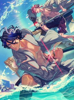 Rule 34 | 2boys, bare pectorals, beach, bevel, black hair, black male swimwear, blue sky, commentary request, drawing sword, fate/grand order, fate (series), grey shirt, highres, holding, holding sword, holding weapon, male focus, male swimwear, multiple boys, no nipples, open clothes, open mouth, open shirt, outdoors, pectorals, shirt, short hair, sky, squatting, swim trunks, sword, takasugi shinsaku (beyond the bubbles) (fate), takasugi shinsaku (fate), toned, toned male, water drop, weapon, yoshida shouin (beyond the bubbles) (fate), yoshida shouin (fate)