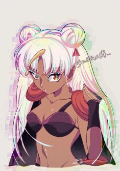 Rule 34 | antennae, blue eyeshadow, breasts, cleavage, collarbone, commentary request, dark-skinned female, dark skin, eyeshadow, hand in own hair, heartpiyo piyo, karula (urusei yatsura), looking at viewer, makeup, midriff, navel, pink hair, pink lips, upper body, urusei yatsura, wristband