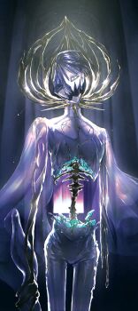 1other absurdres arms_at_sides ascot asymmetrical_arms backlighting bleeding blood blue_hair body_horror broken building commentary cowboy_shot cracked_skin exposed_bone eye_socket golden_arms head_tilt highres holding holding_weapon hole_in_head houseki_no_kuni itabasami light_particles liquid looking_at_viewer moon_uniform_(houseki_no_kuni) one-eyed open_mouth other_focus pants phosphophyllite phosphophyllite_(ll) ribs see-through_clothes see-through_sleeves shards short_hair smirk solo spikes spine spoilers sunlight torn_clothes weapon white_ascot white_pants