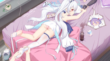 3girls ass azur_lane bottle cellphone chinese_commentary cola commentary_request dress drink_carton feet flasher_(azur_lane) from_above garter_straps grey_hair highres laffey_(azur_lane) laffey_ii_(azur_lane) looking_at_viewer lying milk_carton multiple_girls on_bed on_stomach panties phone pillow pink_panties plant potted_plant purple_hair red_eyes slippers smartphone soda_bottle soles solo_focus spill striped_clothes striped_panties sweatdrop thighhighs thighhighs_pull thighs tickling tickling_feet toeless_legwear toes trembling twintails underwear unworn_slippers white_dress white_thighhighs xbox_controller xiao_shi_lullaby
