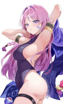 1girl adapted_costume armpits arms_up black_one-piece_swimsuit blue_eyes blush breasts chobonu citlali_(genshin_impact) commentary_request cowboy_shot facial_mark forehead_mark from_side genshin_impact highres large_breasts long_hair looking_at_viewer looking_to_the_side one-piece_swimsuit parted_lips pink_hair presenting_armpit purple_eyes sideboob simple_background solo swimsuit triangle triangle_facial_mark very_long_hair white_background