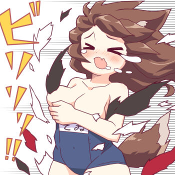 &gt;_&lt; 1girl alternate_costume animal_ears bebeneko blue_one-piece_swimsuit blush breasts brown_hair closed_eyes commentary_request convenient_censoring covering_breasts covering_privates cowboy_shot exploding_clothes fang imaizumi_kagerou long_hair medium_breasts old_school_swimsuit one-piece_swimsuit open_mouth school_swimsuit simple_background skin_fang solo swimsuit tail torn_clothes torn_swimsuit touhou white_background wolf_ears wolf_girl wolf_tail